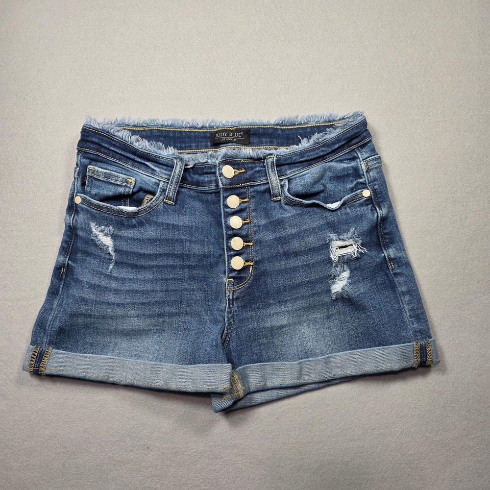 Judy Blue Distressed Exposed Button Fly Dark Wash Denim Shorts - Women's Large